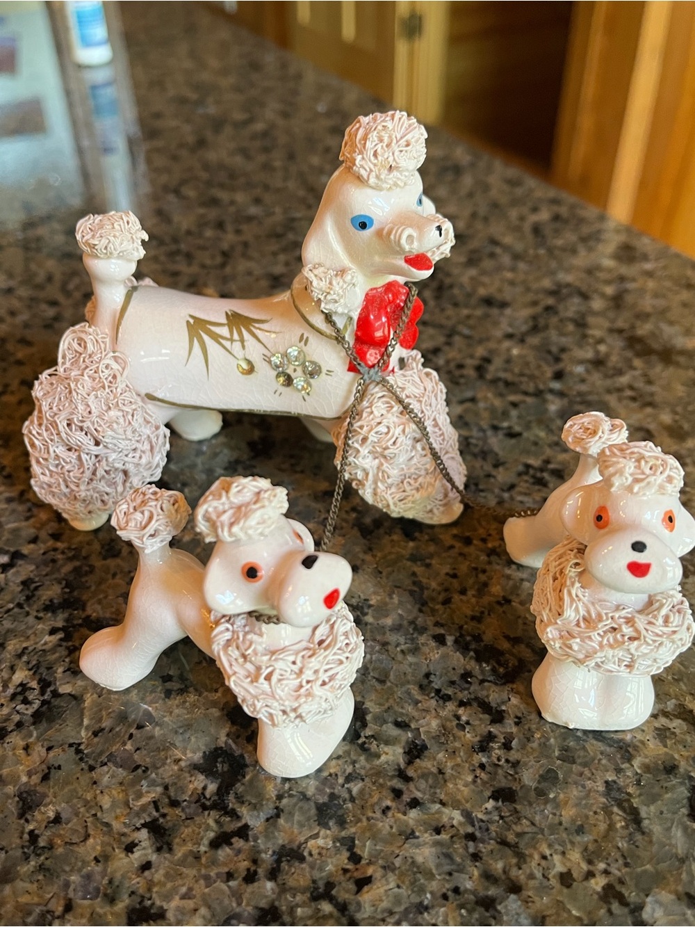 Vintage Spagetti Porcelain Pink Poodle Figurine Family  Set with Gold Accents